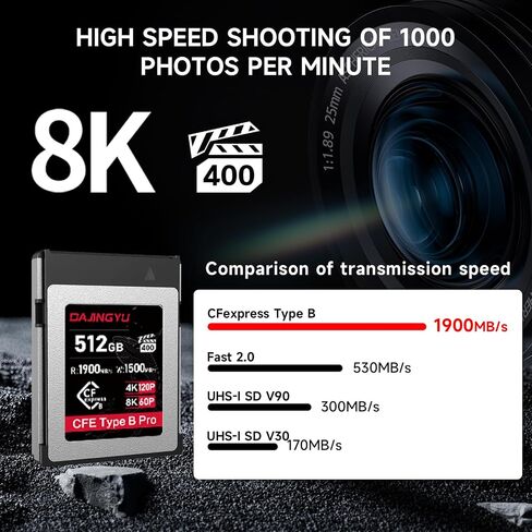 بطاقة ذاكرة CFexpress Type B سعة 512 جيجابايت VPG400، سرعة قراءة/كتابة تصل إلى 1900/1500 ميجابايت/ثانية - تصوير الفيديو والصور بدقة تصل إلى 8K RAW، متوافقة مع كاميرا Nikon وCanon وPanasonic وFujifilm in Saudi Arabia
