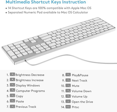 All-Aluminum Wired Mac Keyboard with USB-A/USB-C 2-in-1 Plug-and-Play Cable, Full-Size Numeric Keypad, Metal Unibody Design, Stick-On Risers, Compatible with Apple iMac, Mac mini and MacBook in Saudi Arabia
