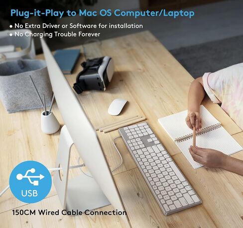 All-Aluminum Wired Mac Keyboard with USB-A/USB-C 2-in-1 Plug-and-Play Cable, Full-Size Numeric Keypad, Metal Unibody Design, Stick-On Risers, Compatible with Apple iMac, Mac mini and MacBook in Saudi Arabia