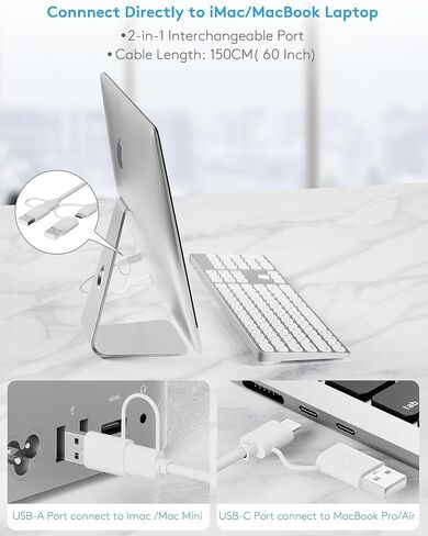 All-Aluminum Wired Mac Keyboard with USB-A/USB-C 2-in-1 Plug-and-Play Cable, Full-Size Numeric Keypad, Metal Unibody Design, Stick-On Risers, Compatible with Apple iMac, Mac mini and MacBook in Saudi Arabia