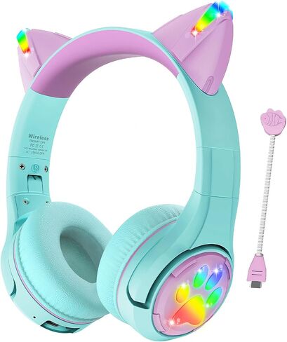 Riwbox CF9 Cat Ear Kids Bluetooth Headphones with LED Light Up,Safe 85dB Volume Limit,Built-in Mic&Boom Mic for Calls,Kids Wireless&Wired Headphones for Tablet/Airplane/School/Online Learning (Green) in Kuwait