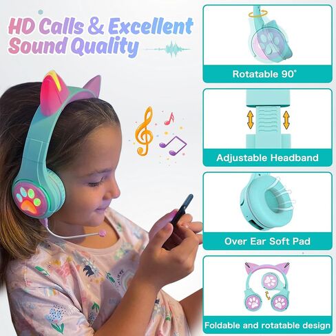Riwbox CF9 Cat Ear Kids Bluetooth Headphones with LED Light Up,Safe 85dB Volume Limit,Built-in Mic&Boom Mic for Calls,Kids Wireless&Wired Headphones for Tablet/Airplane/School/Online Learning (Green) in Kuwait