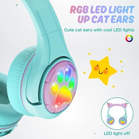 Riwbox CF9 Cat Ear Kids Bluetooth Headphones with LED Light Up,Safe 85dB Volume Limit,Built-in Mic&Boom Mic for Calls,Kids Wireless&Wired Headphones for Tablet/Airplane/School/Online Learning (Green) in Kuwait