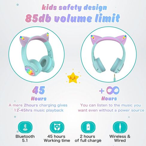 Riwbox CF9 Cat Ear Kids Bluetooth Headphones with LED Light Up,Safe 85dB Volume Limit,Built-in Mic&Boom Mic for Calls,Kids Wireless&Wired Headphones for Tablet/Airplane/School/Online Learning (Green) in Kuwait