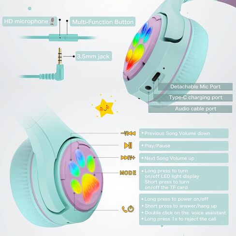 Riwbox CF9 Cat Ear Kids Bluetooth Headphones with LED Light Up,Safe 85dB Volume Limit,Built-in Mic&Boom Mic for Calls,Kids Wireless&Wired Headphones for Tablet/Airplane/School/Online Learning (Green) in Kuwait