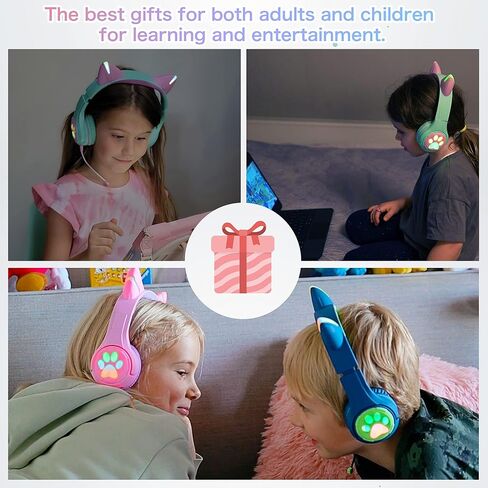 Riwbox CF9 Cat Ear Kids Bluetooth Headphones with LED Light Up,Safe 85dB Volume Limit,Built-in Mic&Boom Mic for Calls,Kids Wireless&Wired Headphones for Tablet/Airplane/School/Online Learning (Green) in Kuwait