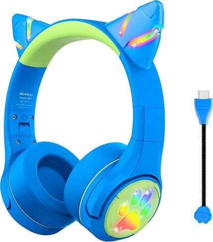 Riwbox CF9 Cat Ear Kids Bluetooth Headphones with LED Light Up,Safe 85dB Volume Limit,Built-in Mic&Boom Mic for Calls,Kids Wireless&Wired Headphones for Tablet/Airplane/School/Online Learning (Green) in Kuwait