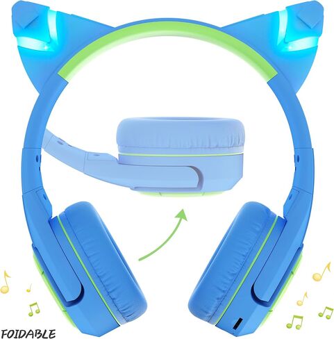 Riwbox CF9 Cat Ear Kids Bluetooth Headphones with LED Light Up,Safe 85dB Volume Limit,Built-in Mic&Boom Mic for Calls,Kids Wireless&Wired Headphones for Tablet/Airplane/School/Online Learning (Green) in Kuwait