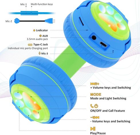 Riwbox CF9 Cat Ear Kids Bluetooth Headphones with LED Light Up,Safe 85dB Volume Limit,Built-in Mic&Boom Mic for Calls,Kids Wireless&Wired Headphones for Tablet/Airplane/School/Online Learning (Green) in Kuwait
