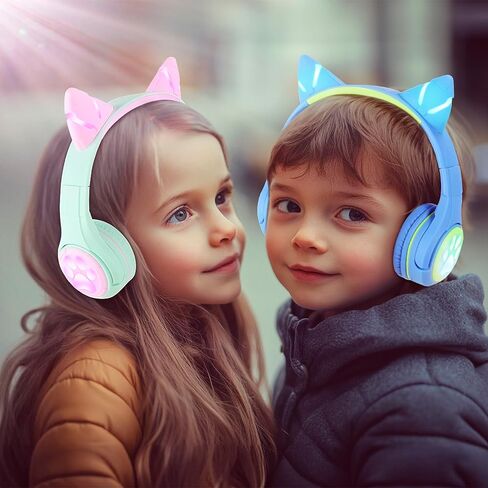 Riwbox CF9 Cat Ear Kids Bluetooth Headphones with LED Light Up,Safe 85dB Volume Limit,Built-in Mic&Boom Mic for Calls,Kids Wireless&Wired Headphones for Tablet/Airplane/School/Online Learning (Green) in Kuwait