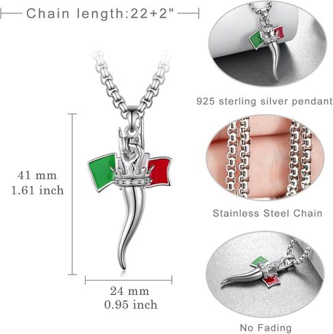 Italian Horn Necklace for Men Sterling Silver Lucky Hand Amulet Pendant Necklace Italian Jewelry Gift for Women Men in Kuwait