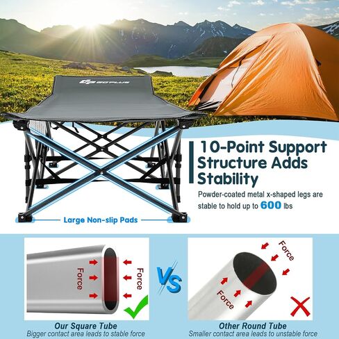 Goplus Folding Camping Cot, 27.5" Sleeping Cot for Adults with Carry Bag, 600LBS Weight Capacity, Slanted Head, Side Pocket, Heavy Duty Portable Camping Bed for Kids, Beach, Office Snap (Green) in Saudi Arabia