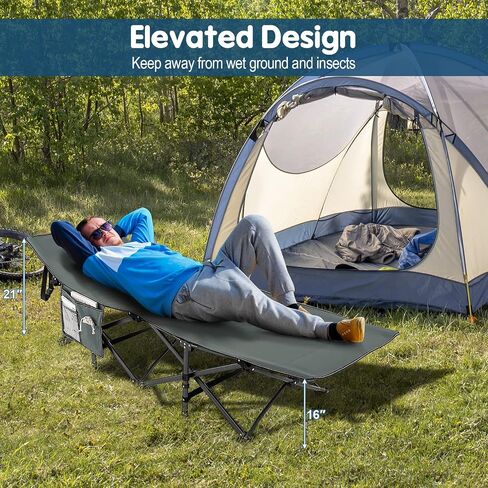 Goplus Folding Camping Cot, 27.5" Sleeping Cot for Adults with Carry Bag, 600LBS Weight Capacity, Slanted Head, Side Pocket, Heavy Duty Portable Camping Bed for Kids, Beach, Office Snap (Green) in Saudi Arabia