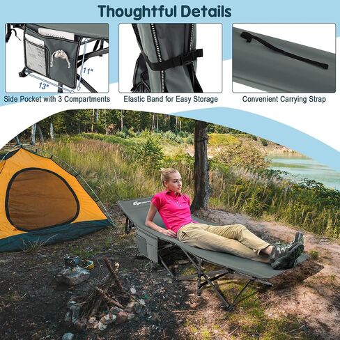 Goplus Folding Camping Cot, 27.5" Sleeping Cot for Adults with Carry Bag, 600LBS Weight Capacity, Slanted Head, Side Pocket, Heavy Duty Portable Camping Bed for Kids, Beach, Office Snap (Green) in Saudi Arabia