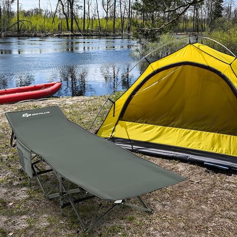 Goplus Folding Camping Cot, 27.5" Sleeping Cot for Adults with Carry Bag, 600LBS Weight Capacity, Slanted Head, Side Pocket, Heavy Duty Portable Camping Bed for Kids, Beach, Office Snap (Green) in Saudi Arabia