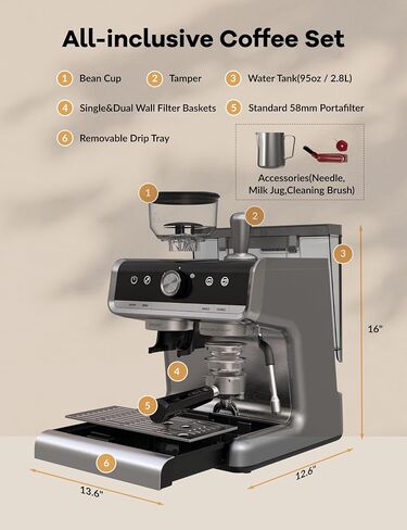 Espresso Machine, 20 Bar Semi-Automatic Espresso Coffee Maker With Grinder, Milk Frother Steamer Wand for Cappuccino, Latte, Macchiato, 95-Ounce Water Tank, PID Temperature Control,Light Gray in Saudi Arabia