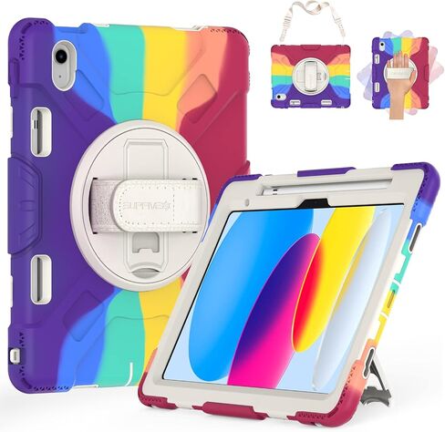 SUPFIVES Case for iPad 10th Generation 2022, Upgraded Military Grade Heavy Duty Silicone Protector iPad 10th Gen 10.9 inch 2022 Cover Pencil Holder+ Rotating Stand+ Handle+ Shoulder Strap(Black) in Saudi Arabia