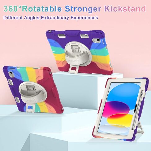 SUPFIVES Case for iPad 10th Generation 2022, Upgraded Military Grade Heavy Duty Silicone Protector iPad 10th Gen 10.9 inch 2022 Cover Pencil Holder+ Rotating Stand+ Handle+ Shoulder Strap(Black) in Saudi Arabia