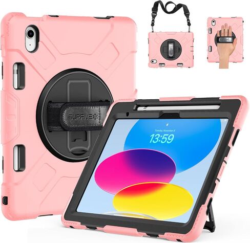 SUPFIVES Case for iPad 10th Generation 2022, Upgraded Military Grade Heavy Duty Silicone Protector iPad 10th Gen 10.9 inch 2022 Cover Pencil Holder+ Rotating Stand+ Handle+ Shoulder Strap(Black) in Saudi Arabia