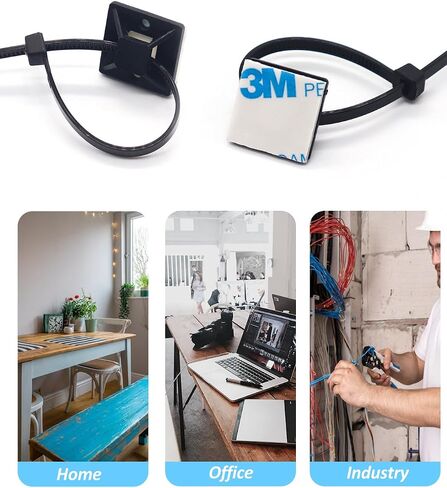 120 Set Cable Zip Tie Self Adhesive Mounts Kit with 8" Zip Ties, 3/4" Wire Holders Squares, Screws - Sticky Wire Fasteners Cable Clips Management Anchors Organizer (120 Set, Black) in Saudi Arabia