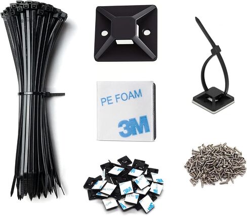 120 Set Cable Zip Tie Self Adhesive Mounts Kit with 8" Zip Ties, 3/4" Wire Holders Squares, Screws - Sticky Wire Fasteners Cable Clips Management Anchors Organizer (120 Set, Black) in Saudi Arabia