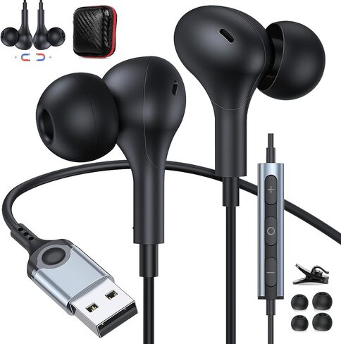 USB Headphones with Microphone for PC USB A Earbuds for PS5 Computer 2.3M Cord Magnetic in-Ear Headset Audio Control Mute Function for Laptop Desktop Notebook Headset for Office Live Broadcast Gaming in Kuwait
