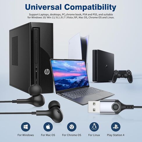 USB Headphones with Microphone for PC USB A Earbuds for PS5 Computer 2.3M Cord Magnetic in-Ear Headset Audio Control Mute Function for Laptop Desktop Notebook Headset for Office Live Broadcast Gaming in Kuwait