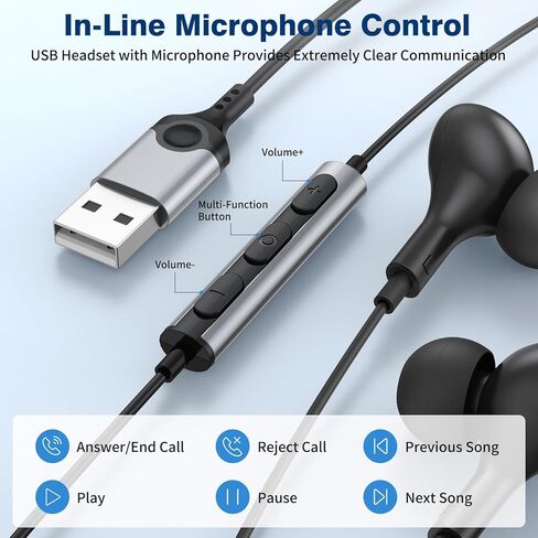 USB Headphones with Microphone for PC USB A Earbuds for PS5 Computer 2.3M Cord Magnetic in-Ear Headset Audio Control Mute Function for Laptop Desktop Notebook Headset for Office Live Broadcast Gaming in Kuwait