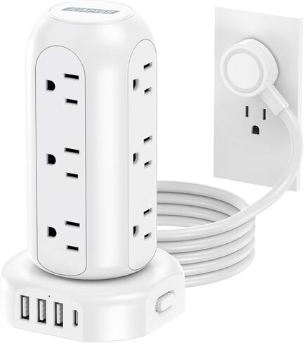 Power Strip Tower PD 20W 12 Outlets and 4 USB Ports Flat Plug Surge Protector with (1 USB C PD 20W) 6.5FT (13A) Travel Power Strip with USB Ports for Home Office Supplies in Saudi Arabia