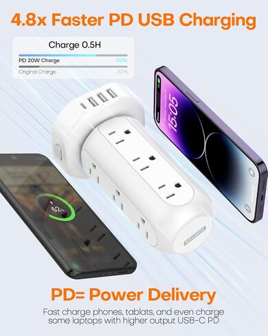 Power Strip Tower PD 20W 12 Outlets and 4 USB Ports Flat Plug Surge Protector with (1 USB C PD 20W) 6.5FT (13A) Travel Power Strip with USB Ports for Home Office Supplies in Saudi Arabia