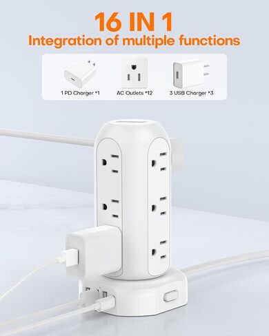 Power Strip Tower PD 20W 12 Outlets and 4 USB Ports Flat Plug Surge Protector with (1 USB C PD 20W) 6.5FT (13A) Travel Power Strip with USB Ports for Home Office Supplies in Saudi Arabia