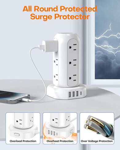 Power Strip Tower PD 20W 12 Outlets and 4 USB Ports Flat Plug Surge Protector with (1 USB C PD 20W) 6.5FT (13A) Travel Power Strip with USB Ports for Home Office Supplies in Saudi Arabia