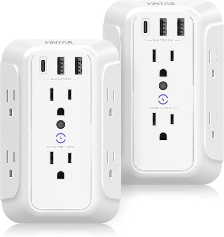 Wall Charger, Surge Protector, 6 Outlet Extender with 3 USB Charging Ports (1 USB C, 3.4A) 900J Wall Mount Power Strip Multi Plug Outlets for Home Travel Office ETL Listed in Kuwait