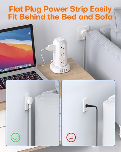 Power Strip Tower PD 20W 12 Outlets and 4 USB Ports Flat Plug Surge Protector with (1 USB C PD 20W) 6.5FT (13A) Travel Power Strip with USB Ports for Home Office Supplies in Saudi Arabia
