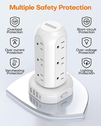 Power Strip Tower PD 20W 12 Outlets and 4 USB Ports Flat Plug Surge Protector with (1 USB C PD 20W) 6.5FT (13A) Travel Power Strip with USB Ports for Home Office Supplies in Saudi Arabia