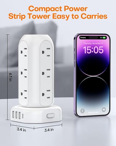 Power Strip Tower PD 20W 12 Outlets and 4 USB Ports Flat Plug Surge Protector with (1 USB C PD 20W) 6.5FT (13A) Travel Power Strip with USB Ports for Home Office Supplies in Saudi Arabia