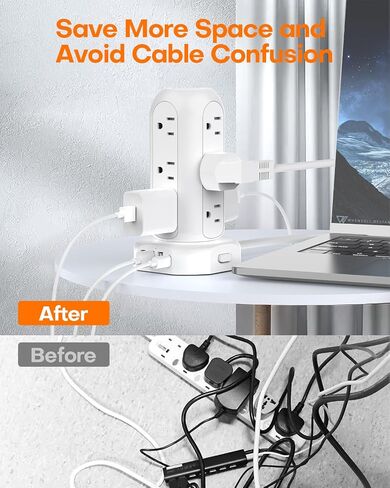 Power Strip Tower PD 20W 12 Outlets and 4 USB Ports Flat Plug Surge Protector with (1 USB C PD 20W) 6.5FT (13A) Travel Power Strip with USB Ports for Home Office Supplies in Saudi Arabia