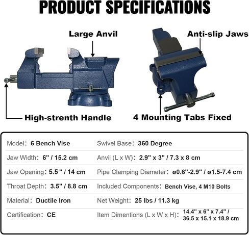 ملزمة المقعد 6 بوصة عرض الفك 5.5 بوصة ملزمة منزلية تفتح الفك - قبضة آمنة مع قاعدة دوارة 360 درجة - قاعدة دوران الملزمة المنزلية - مجمعة مع مزيج من الحديد الزهر شديد التحمل والفولاذ - أزرق in Kuwait