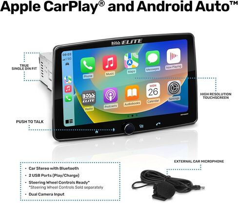 BOSS Audio Systems Elite BE10ACP Car Stereo - Detachable 10.1" Touch Screen Car Stereo Apple CarPlay & Android Auto Head Unit, Single DIN with Double DIN Brackets, Bluetooth, No CD/DVD Player in Saudi Arabia