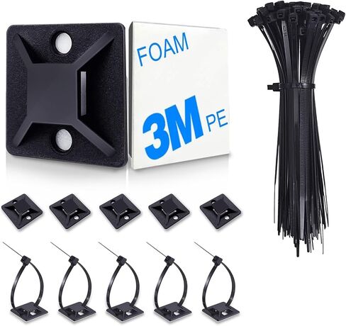 HUASAI 4/5" 100 Pack Zip Tie Mount With Cable Ties,Self Adhesive-backed Mounts for Wire Holder, Black Cable Management Clips Wall Anchors in Kuwait