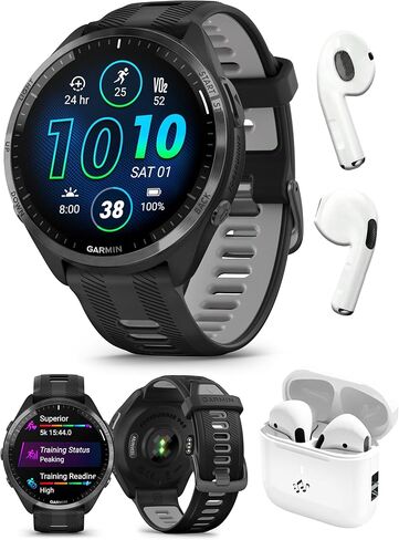 حزمة ساعة Garmin Forerunner 965 (Whitestone/Powder Gray) للجري والترياتلون GPS الذكية - شاشة AMOLED ساطعة، خفيفة الوزن، بطارية تدوم 31 ساعة - تتضمن سماعات أذن PlayBetter اللاسلكية للجري in Kuwait