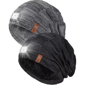 Beanie with Light Built in 2 Pack, Winter Slouchy LED Hat for Men Warm Fleece Lined, Headlamp Caps Flashlight Hats with USB Rechargeable, Gifts for Men Dad Husband-01