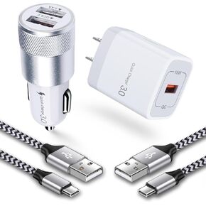USB Fast Charger Kit for Samsung Galaxy A16 A15 A14 A35 A55 A54 A53 5G S24 FE S24 S23 Ultra S22 Ultra S21 S20 A13 iPhone 16 15,Quick Charge 3.0 Wall Charger+Rapid Car Charger Adapter+2 USB C Cable 3FT