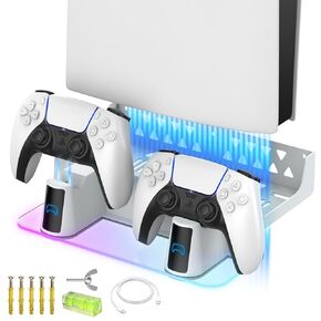 MEQI PS5 Wall Mount Kit Accessories with Charging Station, Metal Wall Hanging Stand with Multi-Mode RGB Light for Playstation 5/PS5 Slim/PS5 Pro Console Disc/Digital versions
