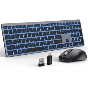 Earto Wireless Keyboard and Mouse, 7 Color Backlight, Type-C Rechargeable, Slim & Quiet, Jiggler Mouse, 2.4GHz Backlit Wireless Keyboard and Mouse for Mac, Windows, Laptop, PC, K637 Space Grey