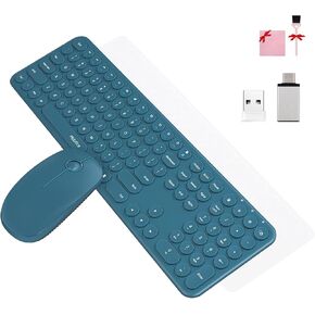Cute Keyboard and Mouse Wireless for PC Computer/Laptop/Windows/Mac/Tablets, Ultra-Thin 2.4GHz USB Cordless Full-Sized Silent Retro Computer Keyboard Mouse Combo (Blue)