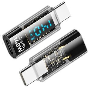 NFHK Adapter Transparent Type-C Smart LED Display USB-C Male to Female Extension Adapter USB4.0 40Gbps 140W Up Down Angled 90 Degree Current Voltage Monitoring