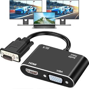 VGA to HDMI+VGA Adapter for Dual monitors, VGA to VGA, VGA to HDMI Adapter Splitter 2 IN 1,1080P@60HZ Full HD Display Video Converter for PC Laptop Link Monitor/HDTV/Projector, Fully Plug & Play