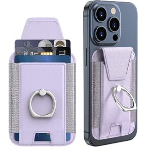 Magnetic Wallet Card Holder for iPhone 15/14/13/12 Series, 360°Rotation Finger Ring Kickstand, RFID Blocking, Store 7 Cards, Cell Phone Sleeves Mag-Safe Wallet, Purple