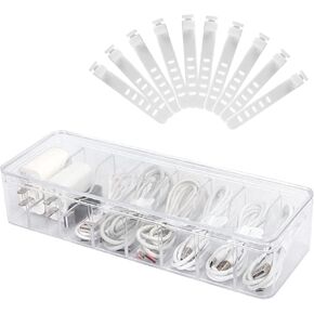 Songaa Clear Electronics Organizer Box with 10 Wire Ties, Desktop Cable Management Box with Lid, Acrylic Cord Organizer Case 8 Compartment Electronic Accessories Case for Desk Drawer, Office, Home